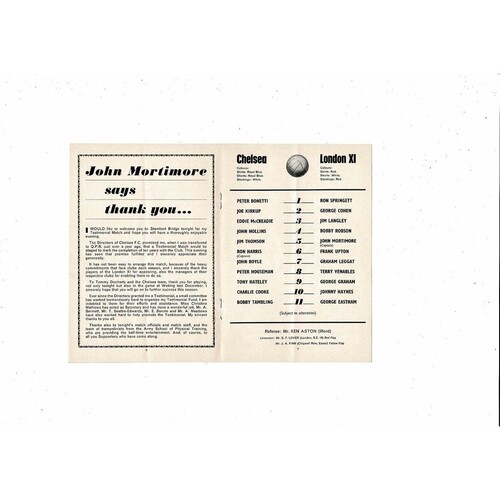 Chelsea v London X1 John Mortimore Testimonial Football Programme 1966/67