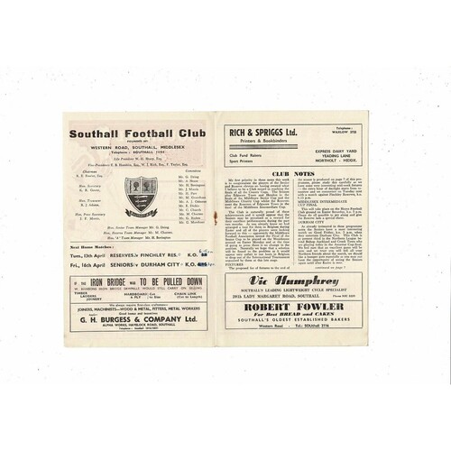 1953/54 Southall v Barnet Athenian League Football Programme