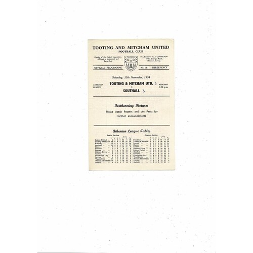 1954/55 Tooting & Mitcham v Southall Athenian League Football Programme