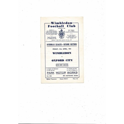 1960/61 Wimbledon v Oxford City Isthmian League Football Programme
