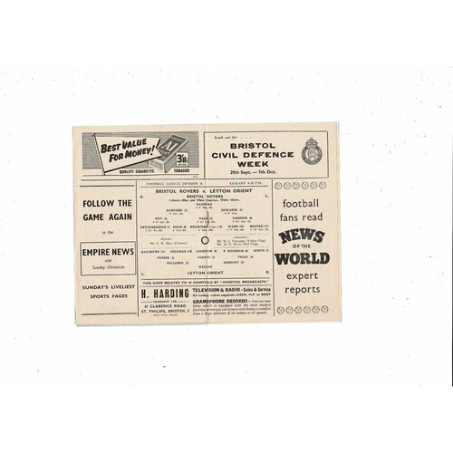 1956/57 Bristol Rovers v Leyton Orient Football Programme