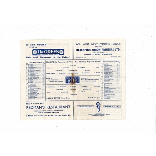 1953/54 Blackpool v Luton FA Cup Football Programme