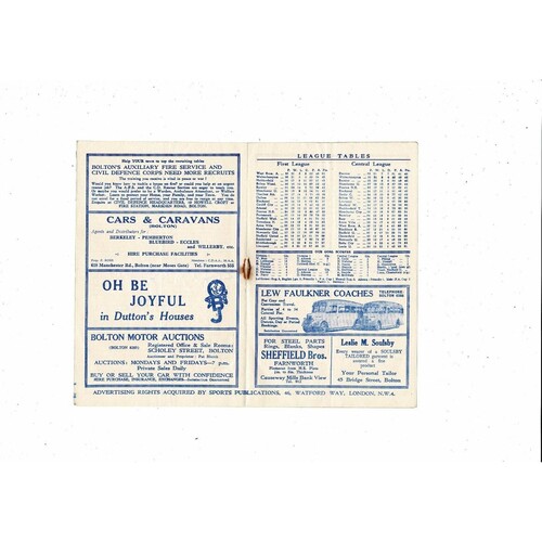 1953/54 Bolton Wanderers v Arsenal Football Programme