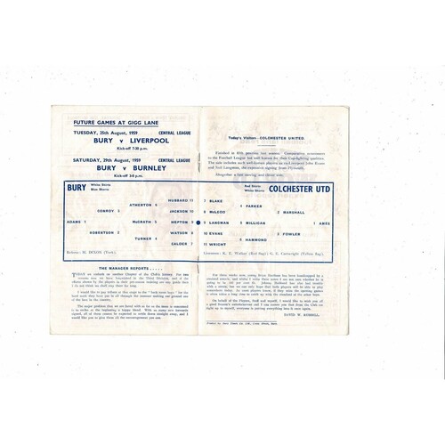 1959/60 Bury v Colchester United Football Programme