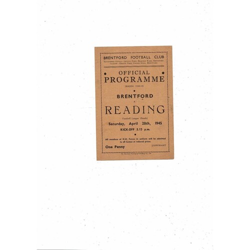 1944/45 Brentford v Reading Football Programme