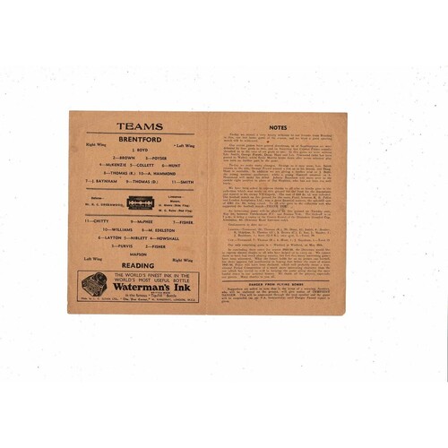 1944/45 Brentford v Reading Football Programme