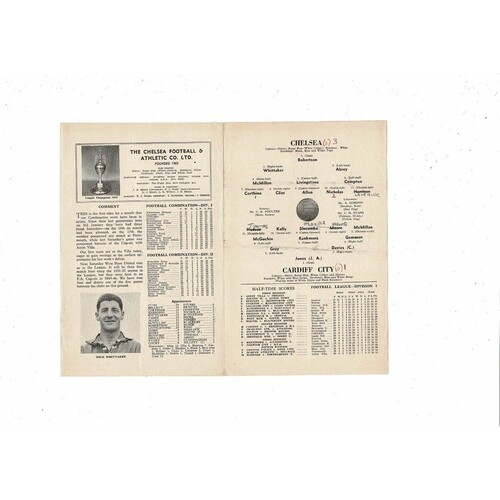 Chelsea v Cardiff City Football Combination Programme 1958/59