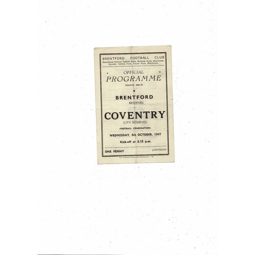 Brentford v Coventry City Football Combination Programme 1947/48