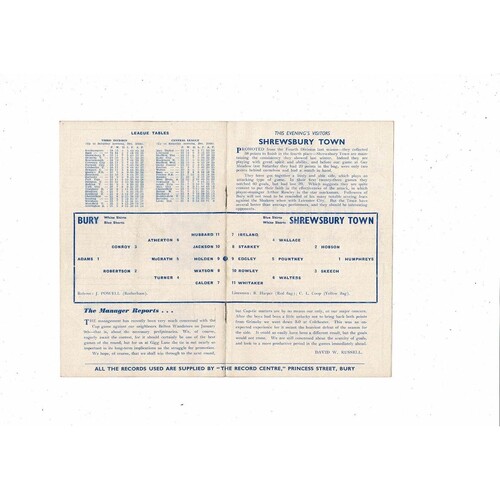 1959/60 Bury v Shrewsbury Town Football Programme