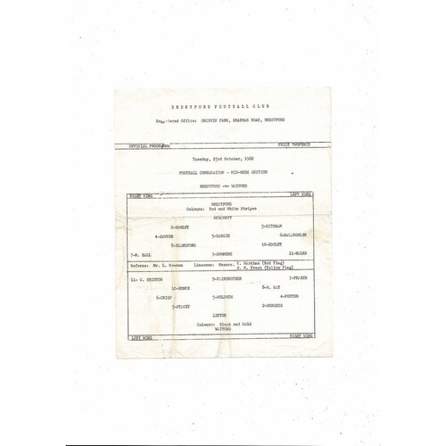 Brentford v Watford Football Combination Programme 1962/63