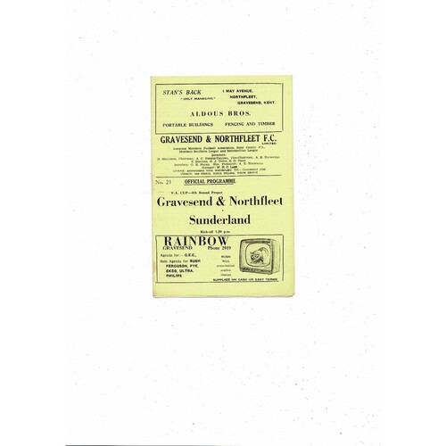 Gravesend & Northfleet v Sunderland FA Cup Football Programme 1962/63 + Insert