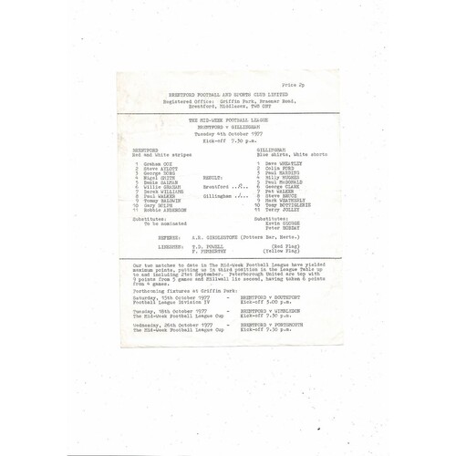 Brentford v Gillingham Mid Week League Football Programme 1977/78