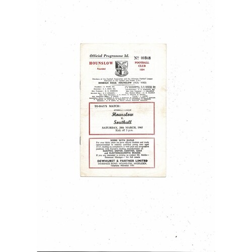 1964/65 Hounslow v Southall Athenian League Football Programme
