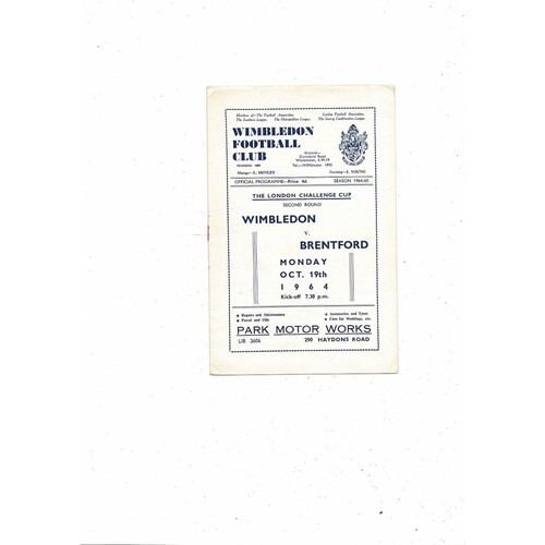1964/65 Wimbledon v Brentford London Challenge Cup Football Programme
