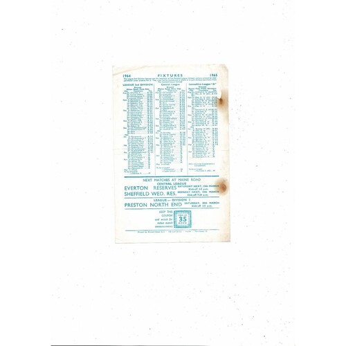 Manchester City v Manchester United Central League Football Programme 1964/65