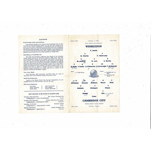 1966/67 Wimbledon v Cambridge City Southern League Football Programme