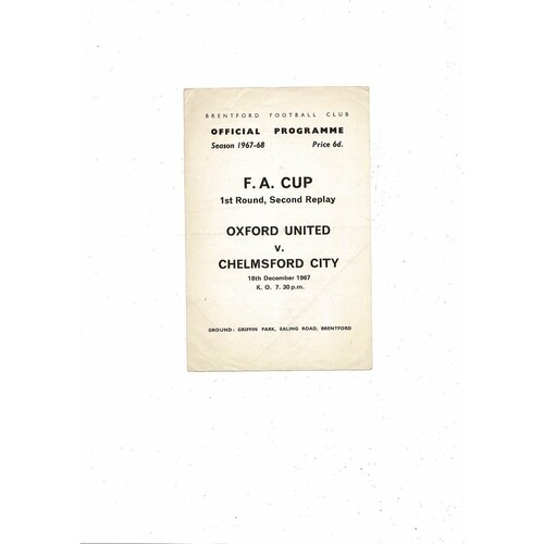 Oxford United v Chelmsford City FA Cup 2nd Reply Programme 1967/68 @ Brentford