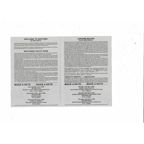 1988/89 Brentford v Watford FA Youth Cup Semi Final Football Programme