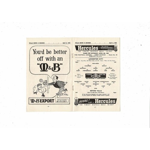 1958/59 Aston Villa v Leicester City Football Programme