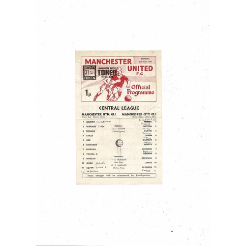 Manchester United v Manchester City Central League Football Programme 1970/71