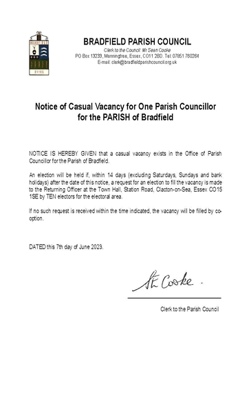 Notice of a vacancy for one Parish Councillor