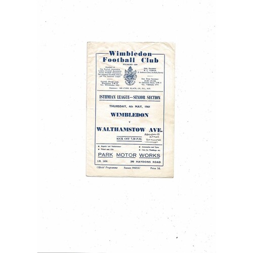 1960/61 Wimbledon v Walthamstow Avenue Football Programme. Postponed