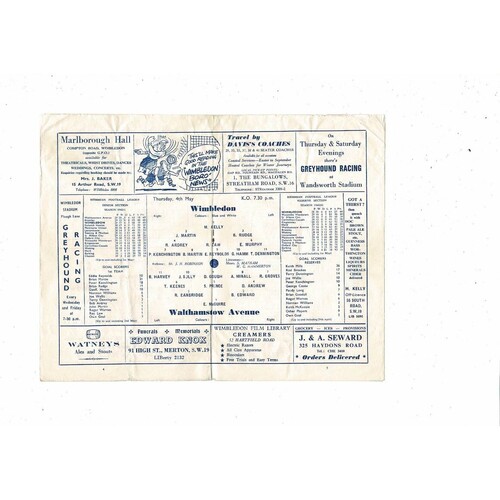 1960/61 Wimbledon v Walthamstow Avenue Football Programme. Postponed