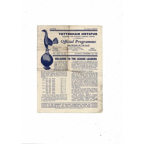 1956/57 Tottenham Hotspur v Manchester United Football Programme