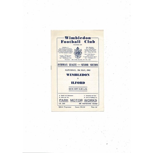 1961/62 Wimbledon v Ilford Isthmian League Football Programme