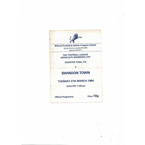 1983/84 Millwall v Swindon Town Associate Members Cup Football Programme