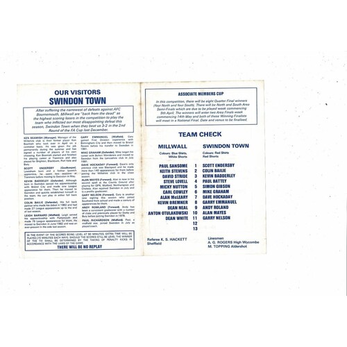 1983/84 Millwall v Swindon Town Associate Members Cup Football Programme