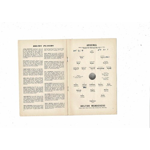 1958/59 Arsenal v Bolton Wanderers Football Programme