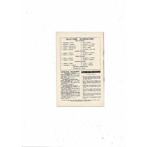 1958/59 Arsenal v Leicester City Football Programme