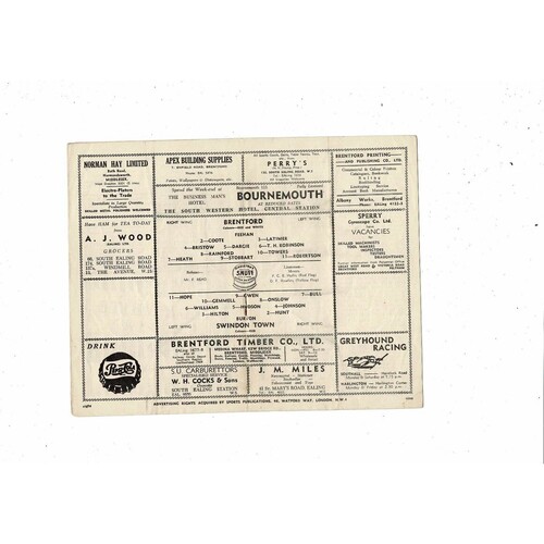 1954/55 Brentford v Swindon Town Football Programme