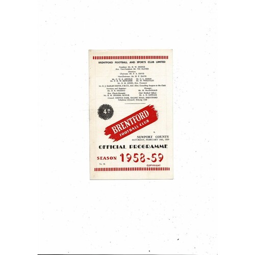 1958/59 Brentford v Newport County Football Programme