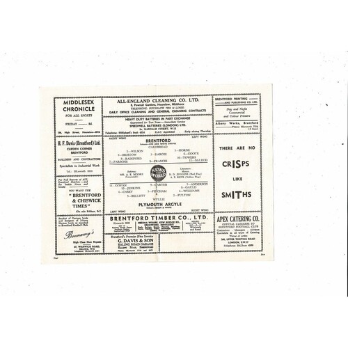 1958/59 Brentford v Plymouth Argyle Football Programme