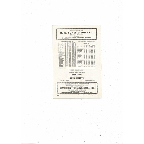 1958/59 Brentford v Plymouth Argyle Football Programme