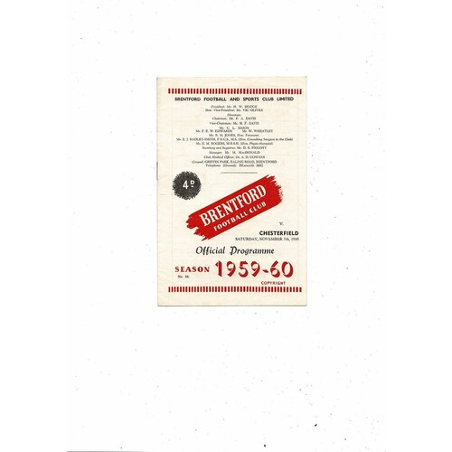 1959/60 Brentford v Chesterfield Football Programme Nov