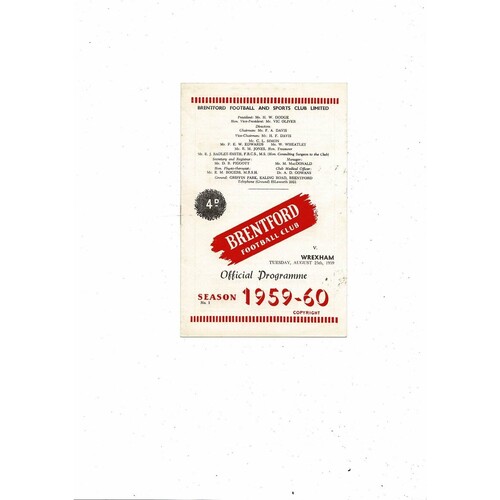 1959/60 Brentford v Wrexham Football Programme