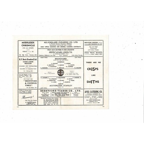 1958/59 Brentford v Accrington Stanley Football Programme