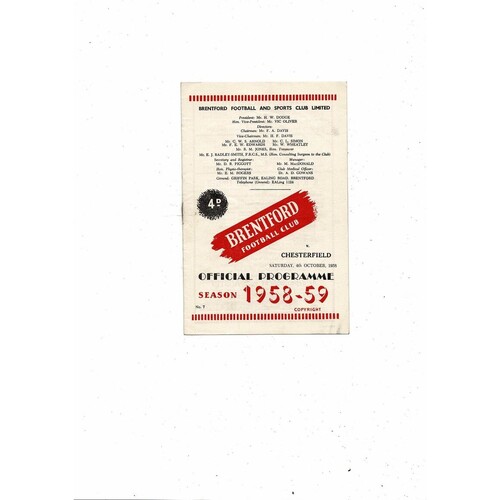 1958/59 Brentford v Chesterfield Football Programme