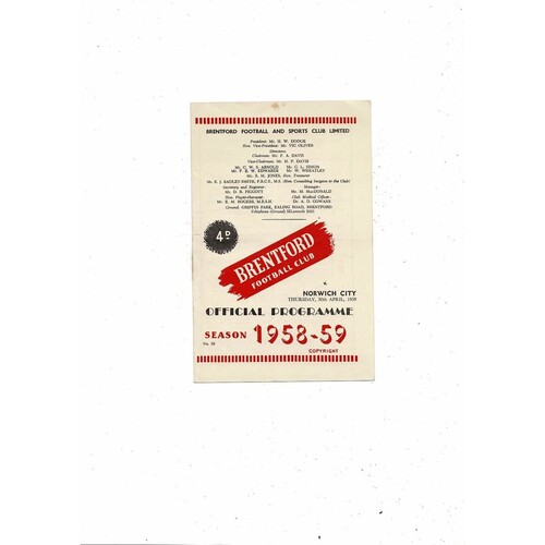 1958/59 Brentford v Norwich City Football Programme