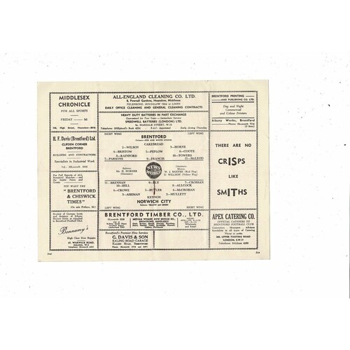1958/59 Brentford v Norwich City Football Programme
