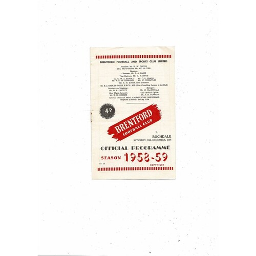 1958/59 Brentford v Rochdale Football Programme