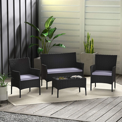 4pcs Rattan Outdoor Garden Furniture Sofa Set Table & Chairs (Roger Black)