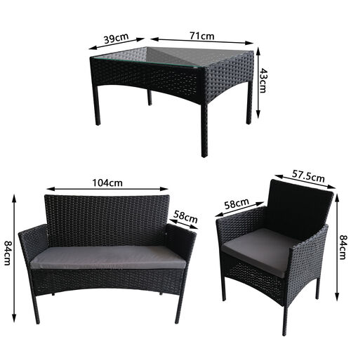 4pcs Rattan Outdoor Garden Furniture Sofa Set Table & Chairs (Roger Black)