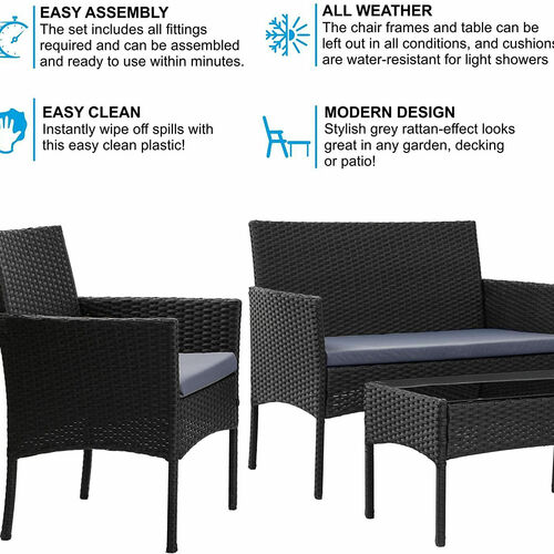 4pcs Rattan Outdoor Garden Furniture Sofa Set Table & Chairs (Roger Black)
