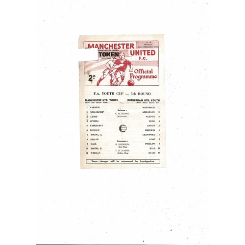 Manchester United v Rotherham United Youth Cup Football Programme 1969/70