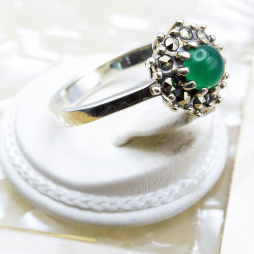 Green Chalcedony and Marcasite Set on 925 Sterling Silver Ring