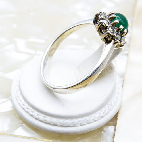 Green Chalcedony and Marcasite Set on 925 Sterling Silver Ring